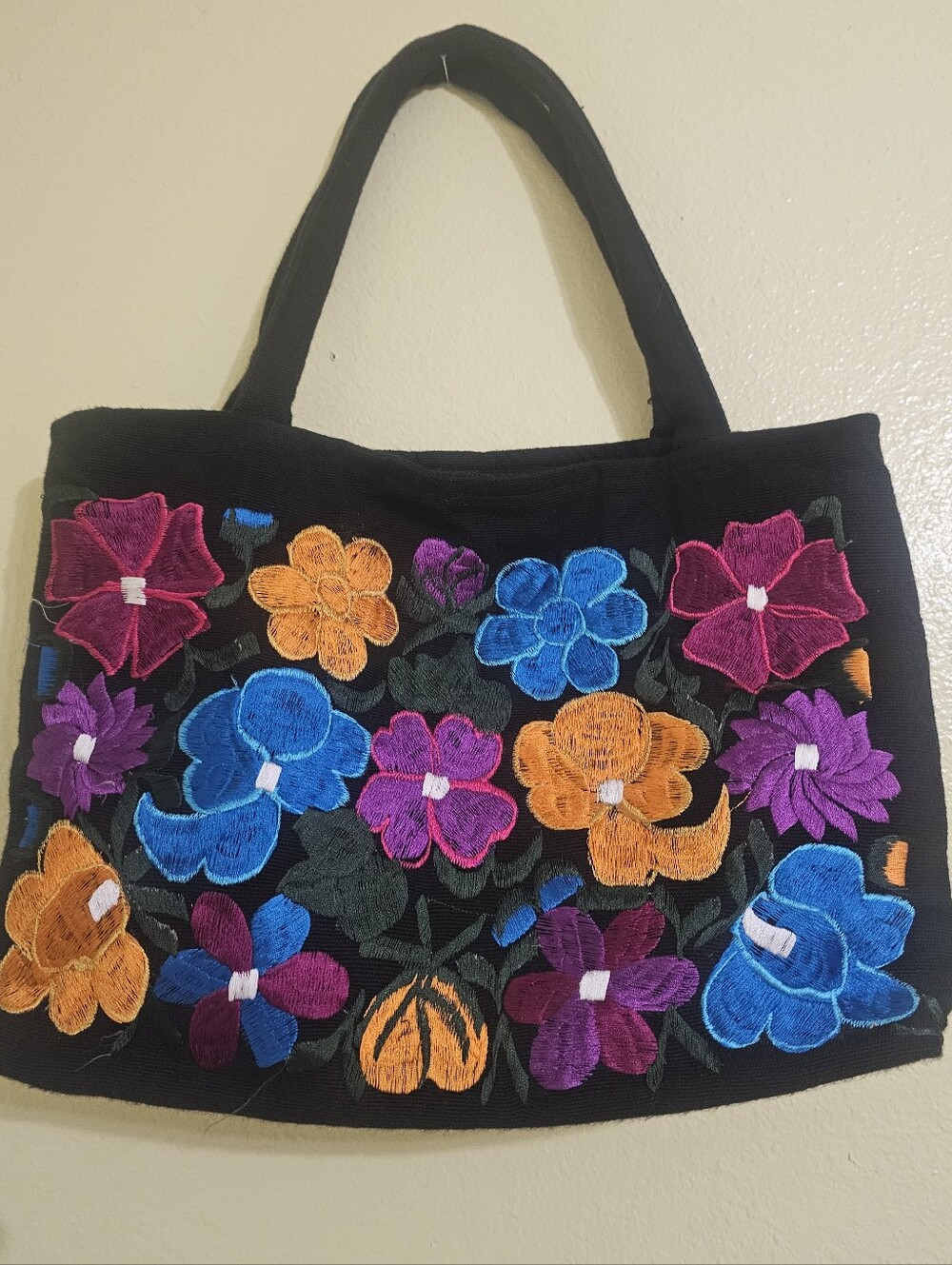 Embroidered Floral Black Tote Bag - Colorful Handcrafted Design